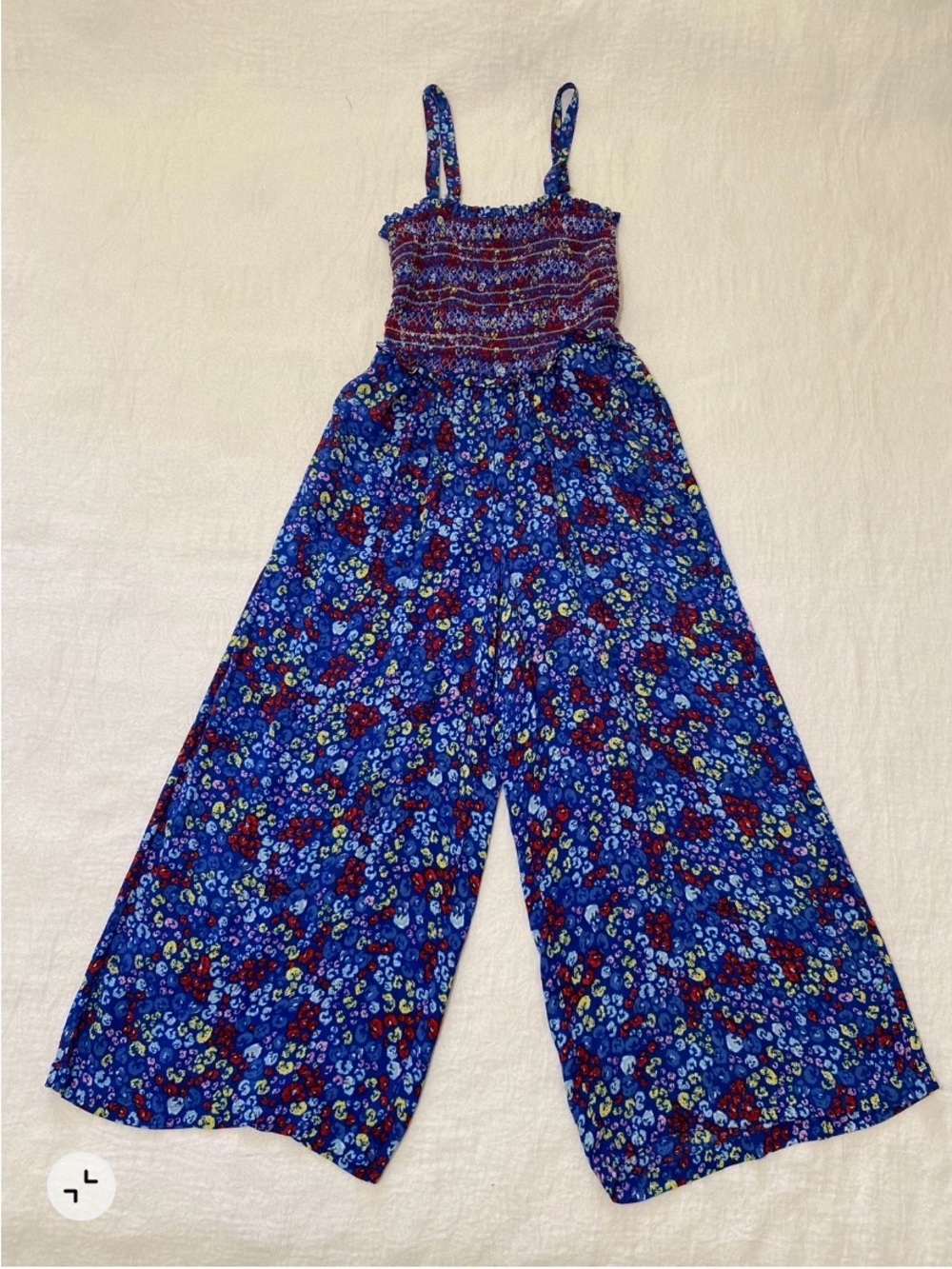 Kaari Blue Women’s Jumpsuit M Floral Smocked Wide Leg Strappy Pockets